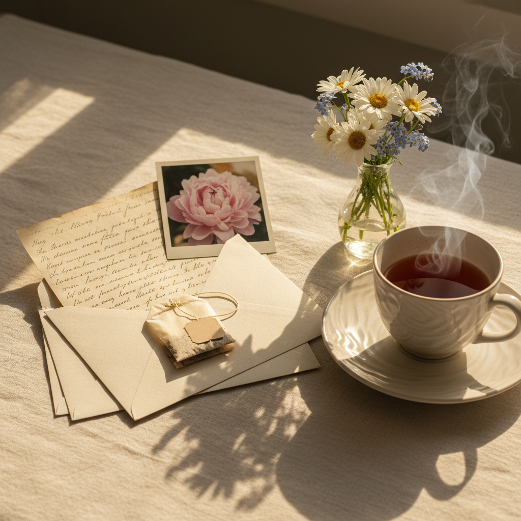 3 Envelopes with Tea Bag and Flower Photo