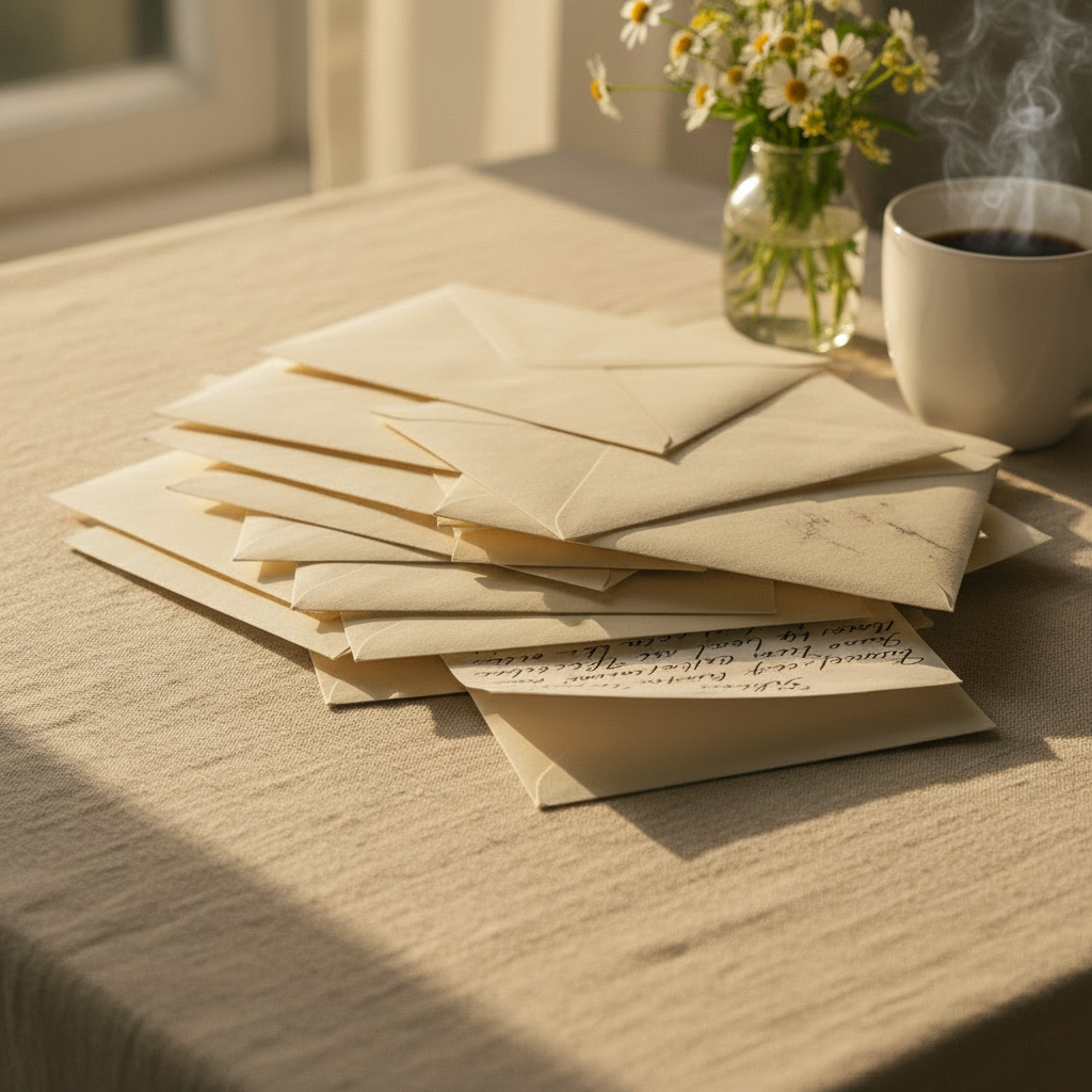 Casual Stack of Envelopes with Flowers and Tea